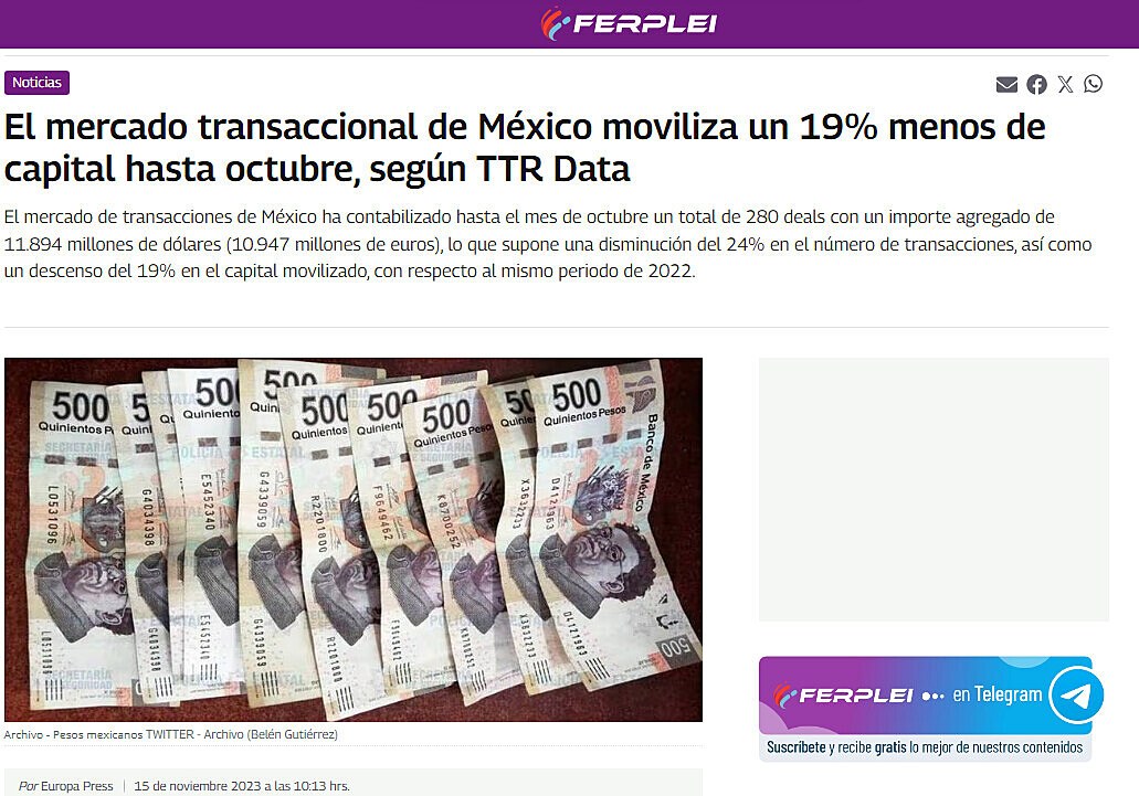El mercado transaccional de Mxico moviliza un 19% menos de capital hasta octubre, segn TTR Data